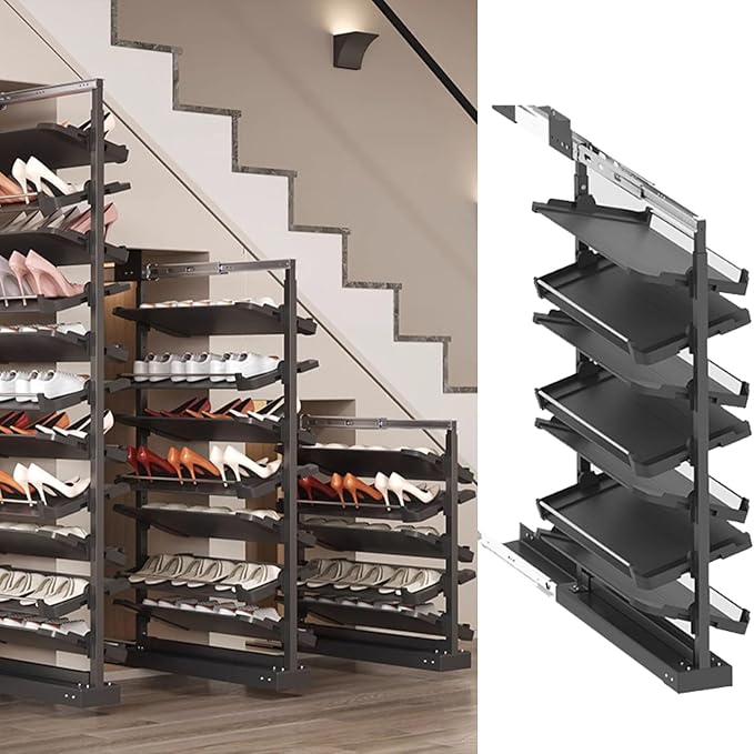 Pull-Out Shoe Rack Organizer for Closet Shoe Cabinet,Adjustable Height Retractable Metal Stackable Shoe Rack, Vertical Shelf Organizer for Small Bedroom Closet, Space Saving Storage, Black(85cm,7 Tier