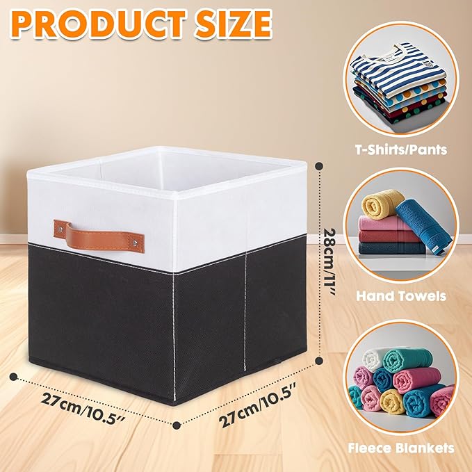 ShellKingdom Storage Bins, Two-Tone Foldable Fabric Storage Cubes with Leather Handle for Closet Toys Clothes Storage Organizer Drawer, 10.5 X 10.5 X 11 inch, 2 Pack (White/Black)