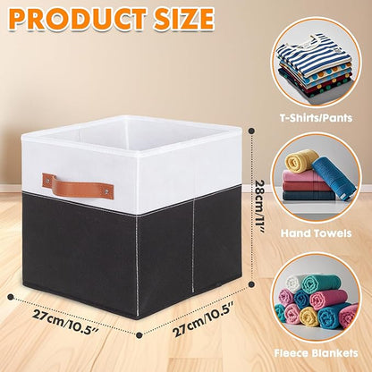 ShellKingdom Storage Bins, Two-Tone Foldable Fabric Storage Cubes with Leather Handle for Closet Toys Clothes Storage Organizer Drawer, 10.5 X 10.5 X 11 inch, 2 Pack (White/Black)