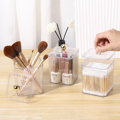 Tbestmax 3 Pack Qtip Holder Dispenser Clear Bathroom Organizer Jar Cotton Swab/Pad/Ball Holder Container Cosmetics Storage for Vanity