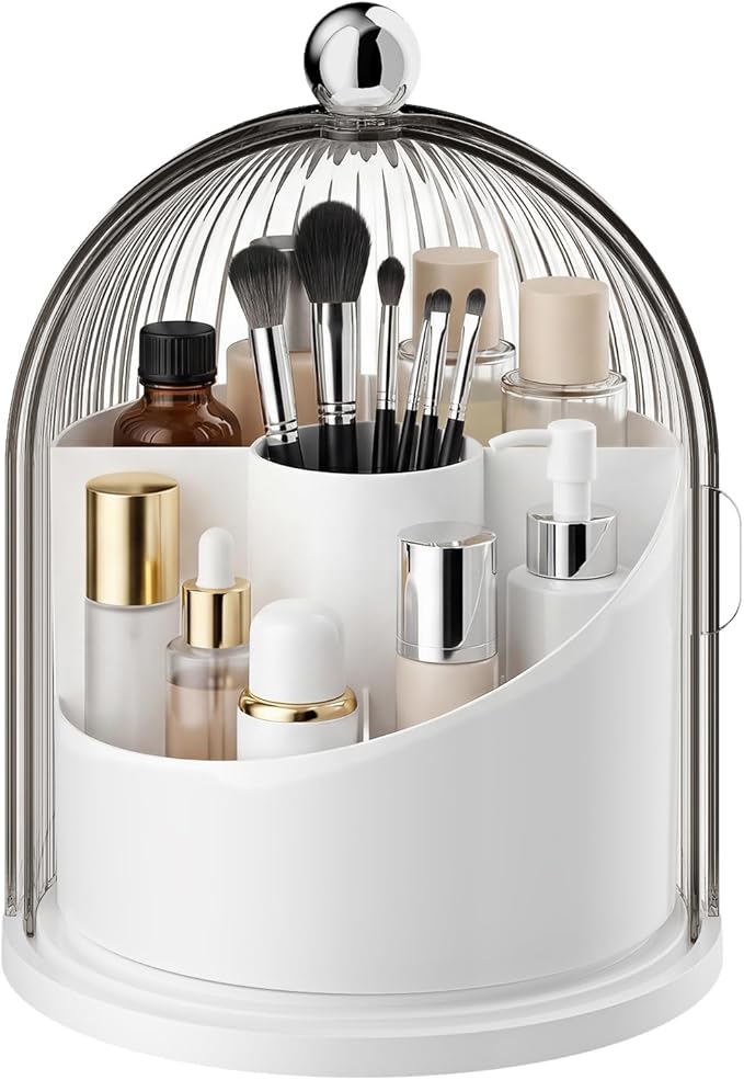Makeup Brush Holder with Lid, 360° Rotating Cosmetic Organizer for Vanity, Covered Beauty Brushes Holder for Bathroom, Skincare Storage for Corner Countertop