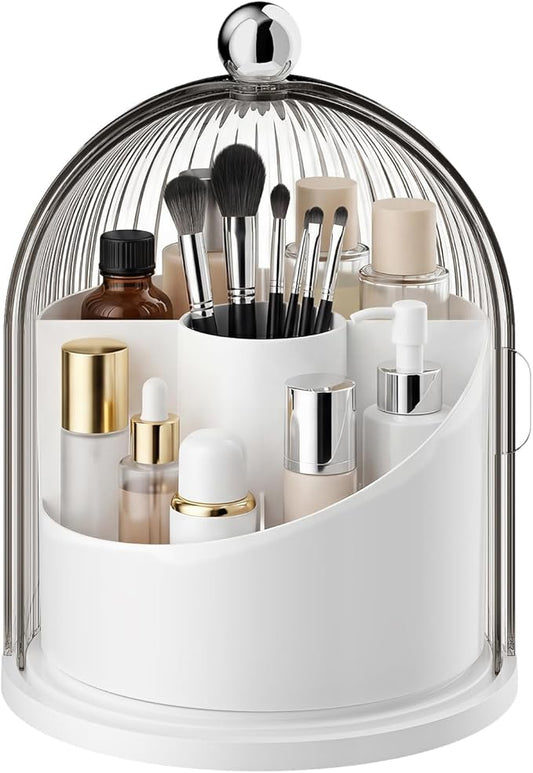 Makeup Brush Holder with Lid, 360° Rotating Cosmetic Organizer for Vanity, Covered Beauty Brushes Holder for Bathroom, Skincare Storage for Corner Countertop