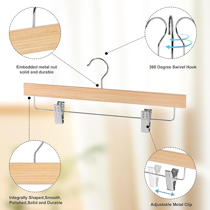 Quality 14" Slim Wooden Skirt & Pant Hangers with Clips – 20 Pack – Space-Saving 0.3" Thin Plywood Hanger – 10 lb Capacity – Adjustable Non-Slip Clips, 360° Swivel Hook (Natural, 20 Pack)