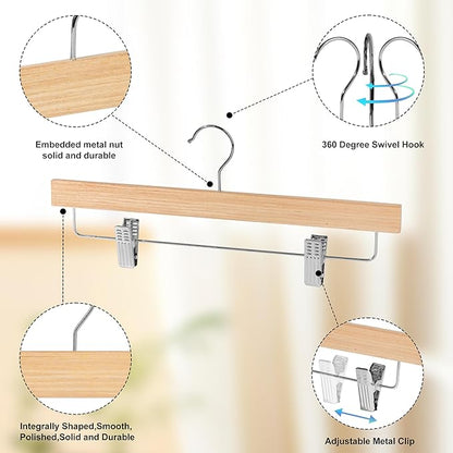 Quality 14" Slim Wooden Skirt & Pant Hangers with Clips – 20 Pack – Space-Saving 0.3" Thin Plywood Hanger – 10 lb Capacity – Adjustable Non-Slip Clips, 360° Swivel Hook (Natural, 20 Pack)