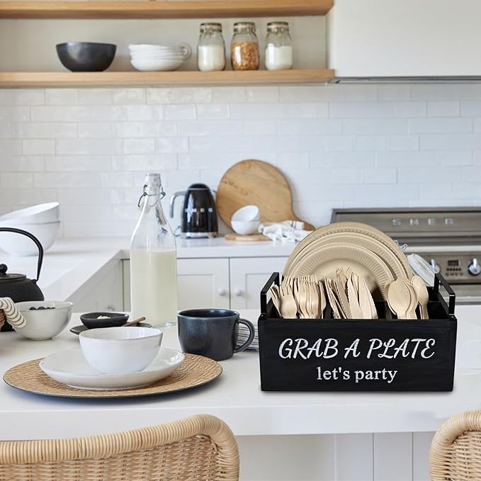 Paper Plate Holder, Utensil Caddy Organizer, Wood Paper Plate Dispenser, Silverware Caddy Holder, and Disposable Coffee Bar Accessories Box for Kitchen Counter, Party, Camping, Picnic (4 compartment)