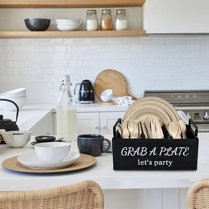Paper Plate Holder, Utensil Caddy Organizer, Wood Paper Plate Dispenser, Silverware Caddy Holder, and Disposable Coffee Bar Accessories Box for Kitchen Counter, Party, Camping, Picnic (4 compartment)
