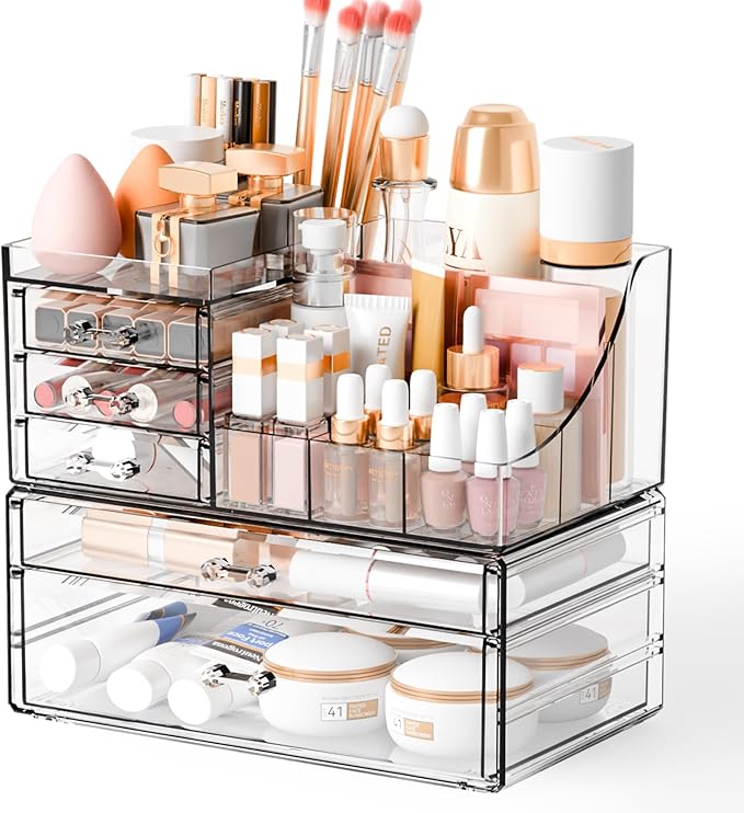 Yieach 2 Pack Clear Makeup Organizer Countertop for Dresser,Vanity and Bathroom Counter Organizer,Tiered Stackable Makeup Acrylic Organizers with 5 Drawer for Skincare,Brush and Make up Holders