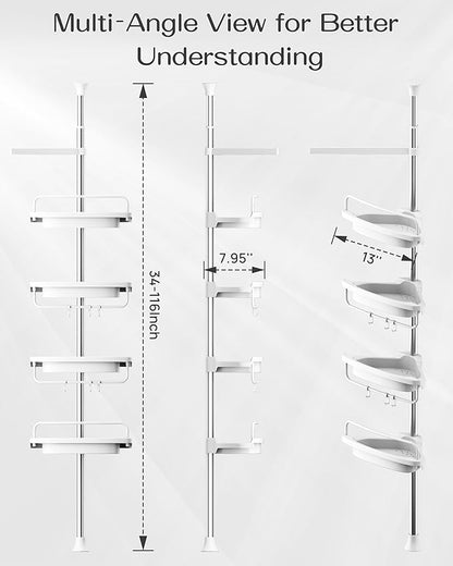 ALLZONE Corner Shower Caddy Tension Pole, Extendable Rustproof Stainless Steel Pole & 4-Tier Adjustable Shelves for Easy Drainage and Built-to-Last Stability, 34 to 116 Inches, White