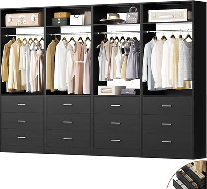 Besiost Closet System Set of 4, 8FT Closet Systems with 12 Wood Drawers, 96" Closet Organizer System with 4 Hanging Rods & 4 Shelves, Heavy Duty 96 Inch Walk-in Closet, Black (96"L x 15" W x 80" H)