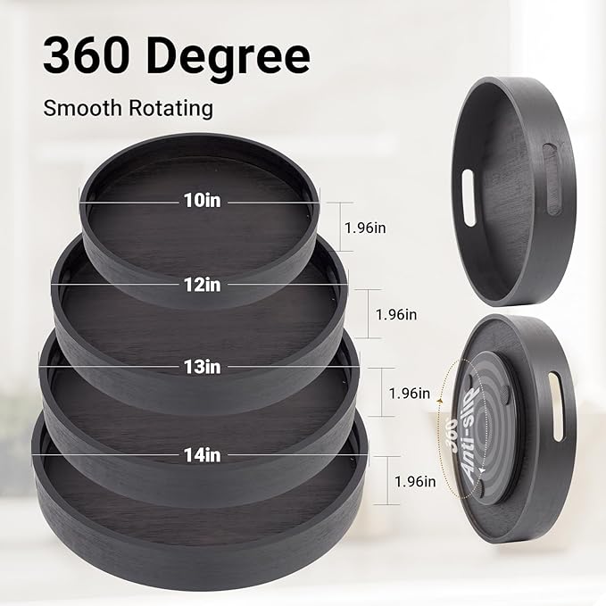 12in Black Bamboo Lazy Susan Turntable with Handle - Rotating Organizer for Table Top, Cabinet, Pantry & Kitchen | Spice & Seasoning Spinning Tray