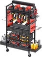 CCCEI Garage Power Tools Organizer Cart with Charging Station, Black Floor Standing Rolling Drill and Tools Battery Storage Cart on Wheels. Red Utility Rack Gift for Men, Husband, Father.