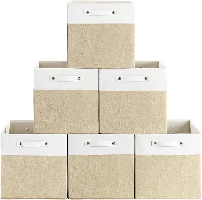 FinishingBo 13 x 13 Inch Fine Linen Storage Bins with Handles，Fabric Cube Boxs，Basket Organizers for Shelves for Home, Closet Drawers (White/Khaki-6 Pack)