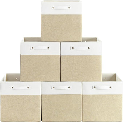 FinishingBo 13 x 13 Inch Fine Linen Storage Bins with Handles，Fabric Cube Boxs，Basket Organizers for Shelves for Home, Closet Drawers (White/Khaki-6 Pack)