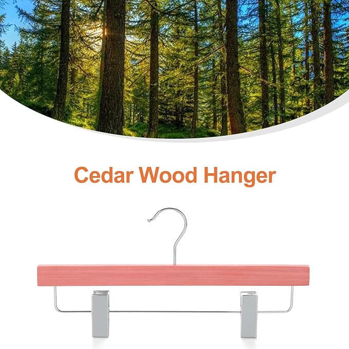 TOPIA HANGER Red Cedar Wooden Pants Hangers 20 Pack, Slacks Trouser Shorts Hangers with 2 Big Metal Anti-Wrinkle Adjustable Clips, 360° Stronger Chrome Hooks, CT07P20