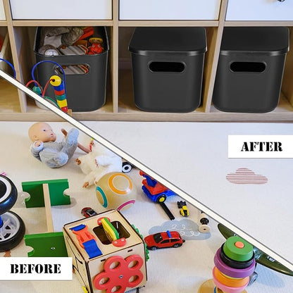 Hoolerry 8 Pieces Colorful Storage Bins with Lid, Plastic Storage Basket Organizing Container Stackable Box with Handle for Shelves Desktop Playroom Office(9.8 x 7.1 x 6.3 Inch,Black)