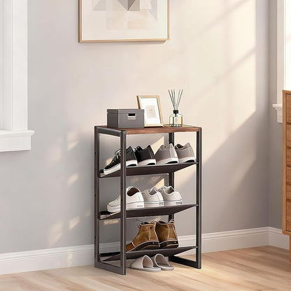 4 Tier Metal Shoe Rack, Sturdy Steel Frame with Rust-Proof Coating, MDF Top, Adjustable Flat Inclined Mesh Shelves, Anti-Tip Scratch-Resistant Feet, Sleek Show Rack for Entryway, Hallway, Garage