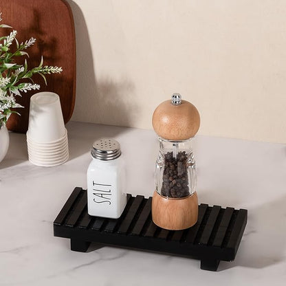Bathroom Tray Rustic Farmhouse Bathroom Decor Wood Display Stand Riser Kitchen Soap Dish Holder for Vanity, Countertop, Sink, 8.6 * 3.6 Black