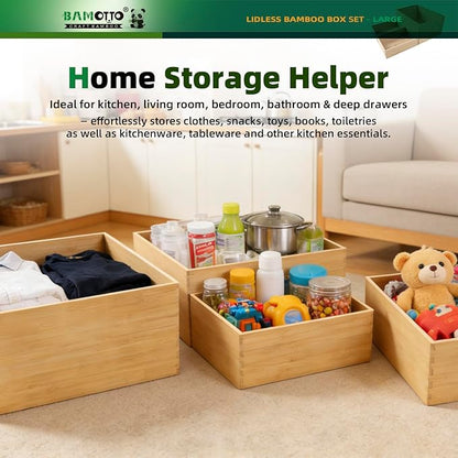 BAMOTTO CRAFTBAMBOO 3-Piece Large Bamboo Storage Box Set - 7.1in High Stackable Deep-Drawer Organizer, Lidless Bamboo Bin for Kitchen Cutlery Utensils Knives (14.6"x10.2"x7.1"*1 + 10.2"x7.3"x3"*2)