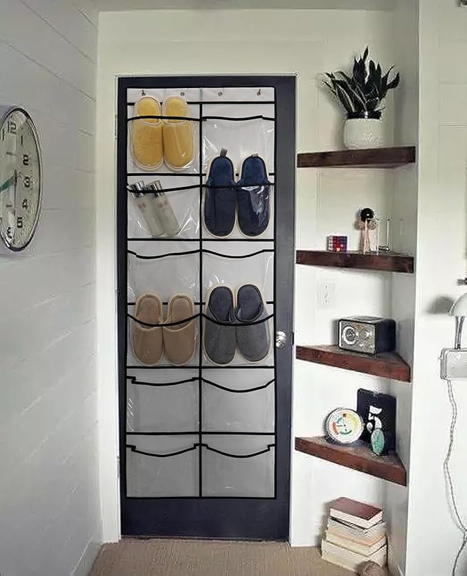 Clear Crystal 1 Pack 12Pockets Large Hanging Shoe Organizer Over The Door Shoe Rack for Closet Door Storage Shoe Holder Hanger, 4Hooks, White (59'' x 21.6'')