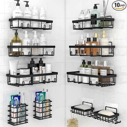 Liuoud 10 Pack Shower Caddy Organizer Rack Shelf for Inside Shower, Self Adhesive Wall Storage Basket Rustproof Stainless Steel Shampoo Holder Bathroom Accessory Decor Set, Black