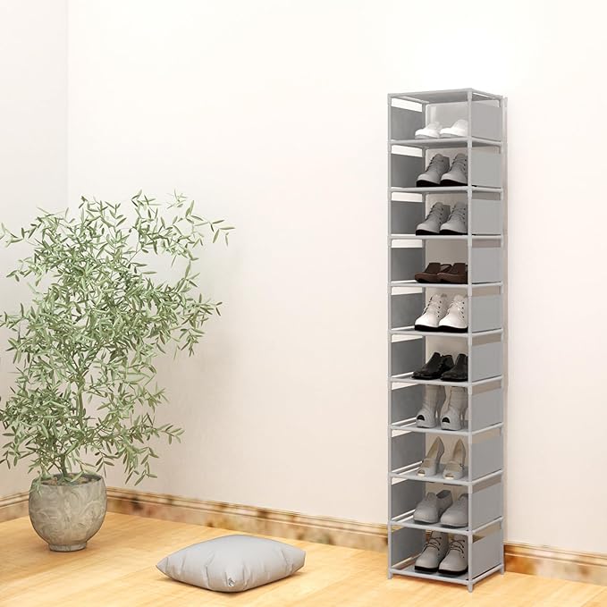 10 Tier Vertical Shoe Rack - Grey Narrow Shoe Rack for Closet & Entryway, Space Saving Tall Shoe Organizer for Small Spaces, Sturdy Skinny Shoe Tower Stand for Boots & Heels, Grey