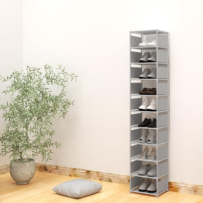 10 Tier Vertical Shoe Rack - Grey Narrow Shoe Rack for Closet & Entryway, Space Saving Tall Shoe Organizer for Small Spaces, Sturdy Skinny Shoe Tower Stand for Boots & Heels, Grey