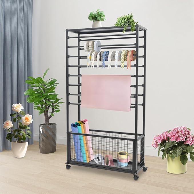 16-Tier Double-Sided Ribbon Holder Organizer Rack with Storage Basket & Wheels, Multifunctional Flower Wrapping Paper Display Stand for Craft Rooms, Flower Shops (Black, 31.5''W x 12.6''D x 59.06''H)