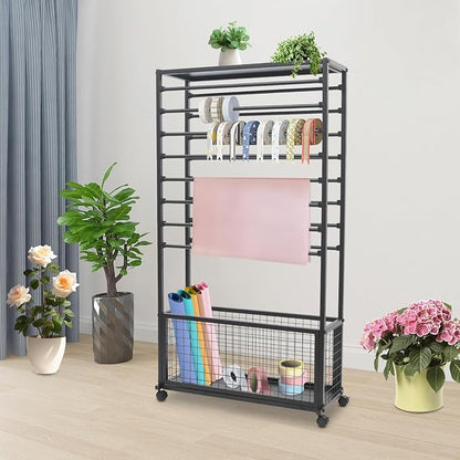 16-Tier Double-Sided Ribbon Holder Organizer Rack with Storage Basket & Wheels, Multifunctional Flower Wrapping Paper Display Stand for Craft Rooms, Flower Shops (Black, 31.5''W x 12.6''D x 59.06''H)
