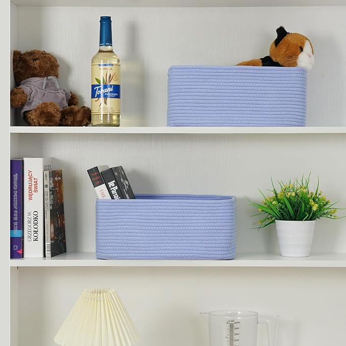 3-Pack Storage Baskets for Organizing | Woven Shelf Toy Basket | Rope Baskets for Gifts Empty | Closet Organizer Bins with Handles | Cube Decorative Box | 13.7×7.1×6.7” | Sky Blue