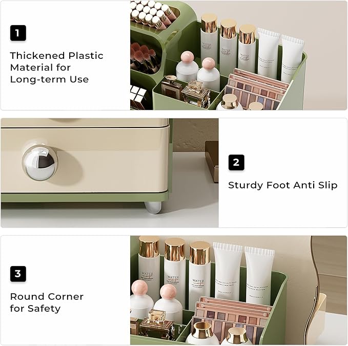 Makeup Organizer for Vanity with Brush Holder, Large Capacity Bathroom Countertop Skincare Organizer with 2 Drawers, Cosmetic Display Case for Perfumes, Eyeshadow Palettes, Nail Polishes