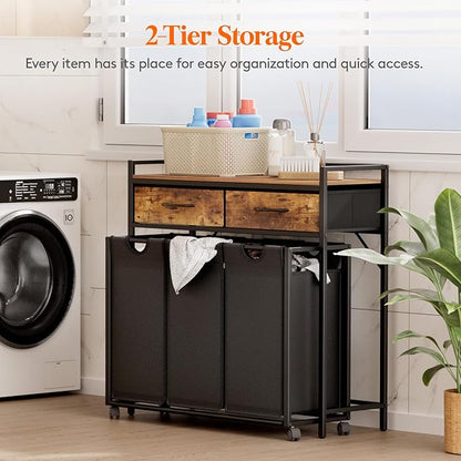 Lifewit Laundry Hamper 3 Section, Large Rolling Laundry Sorter with Shelf & 2 Drawers, Pull-Out Laundry Basket Organizer with Wheels and Removable Bag for Laundry Room Bathroom, Rustic Brown and Black