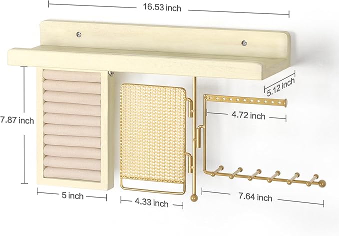 SOLIMINTR Hanging Jewelry Organizer Wall Mount with Rustic Wood Shelf, Ring Display Box, Ear Studs Earring Holder, Rotating Necklace Holder Organizer Gold