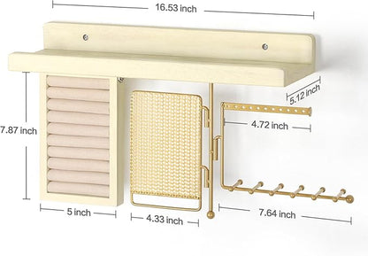 SOLIMINTR Hanging Jewelry Organizer Wall Mount with Rustic Wood Shelf, Ring Display Box, Ear Studs Earring Holder, Rotating Necklace Holder Organizer Gold