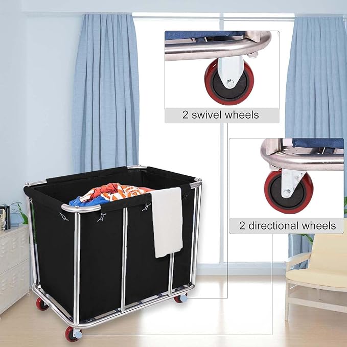 105 Gal Rolling Laundry Basket, Commercial 400L Large Capacity Heavy Duty Clothing Laundry Cart with Stainless Steel Frame and Removable Bag