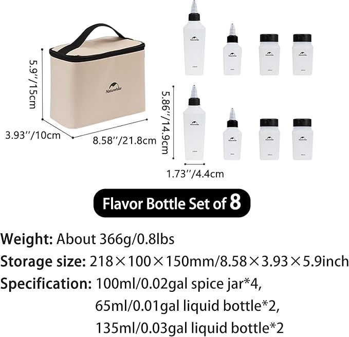 windhike Naturehike PP 6/8 Pcs-Set Travel Spice Containers, Camping Spice Kit with Separable Storage Bag, Portable Anti-leakage Design Spice Condiment Dispenser for Picnic BBQ Backpacking Hiking (8)