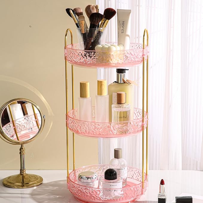 Fangoo Rotating Makeup Organizer for Vanity, 360 Spinning Cosmetic Storage, Perfume Holder for Bathroom Countertop or Dresser (Pink, 3 Tiers)