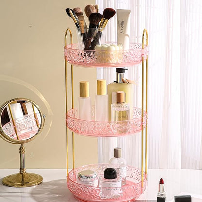 Fangoo Rotating Makeup Organizer for Vanity, 360 Spinning Cosmetic Storage, Perfume Holder for Bathroom Countertop or Dresser (Pink, 3 Tiers)