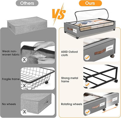 SpaceHacks Under Bed Storage with Wheels 2Pack Underbed Storage with Clear Window&Label Under Bed Drawers Large Capacity Rolling Under Bed Storage for Clothes,Shoes, Blankets (Light Grey)