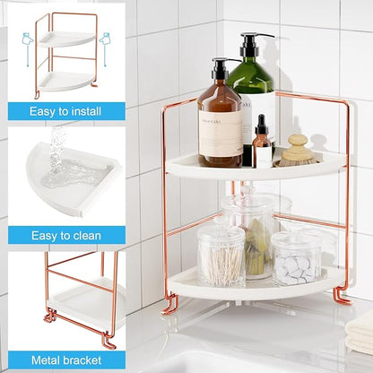 FSyueyun 2-Tier Corner Bathroom Counter Organizer, Tool-Less Installation Vanity Shelf Small Plastics Countertop Makeup Tray Skincare Perfume Organizers (Rose Gold)
