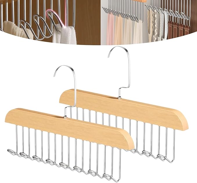2 Pack Belt Hanger for Closet, Wooden Tie Racks Hangers with Upgraded 360° Rotating, Space-Saving Belt Organizer with 8 Hooks, Closet Storage for Tank Top, Bra, Scarf, Hat