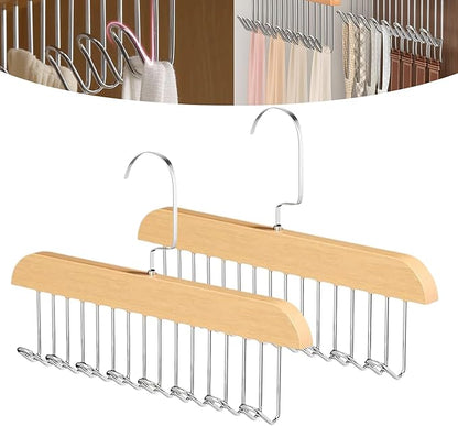 2 Pack Belt Hanger for Closet, Wooden Tie Racks Hangers with Upgraded 360° Rotating, Space-Saving Belt Organizer with 8 Hooks, Closet Storage for Tank Top, Bra, Scarf, Hat
