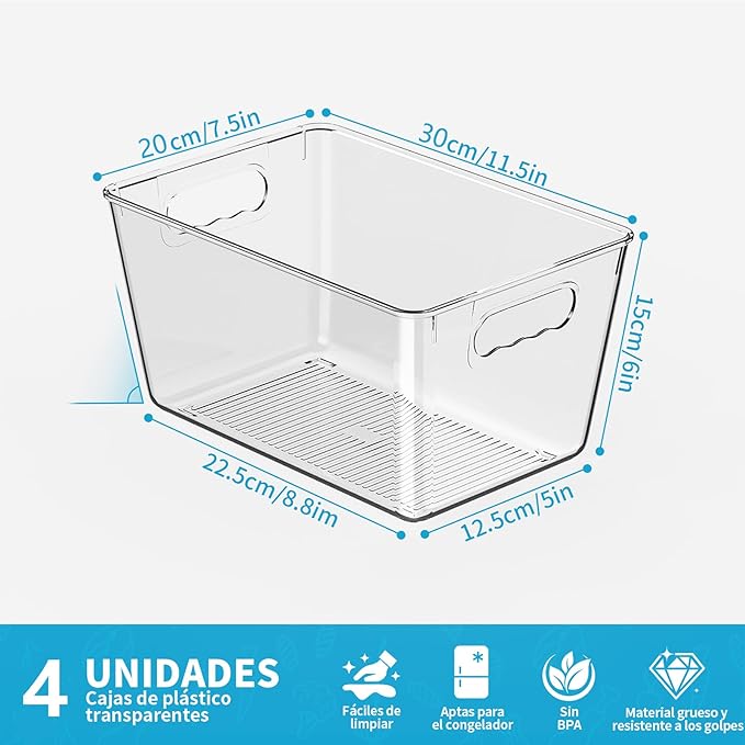 Clear Plastic Storage Bins, 4-Pack Stackable Pantry Organizers and Storage Containers for Kitchen, Fridge, Cabinet and Closet Organization - Home Essentials