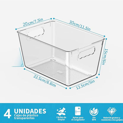 Clear Plastic Storage Bins, 4-Pack Stackable Pantry Organizers and Storage Containers for Kitchen, Fridge, Cabinet and Closet Organization - Home Essentials