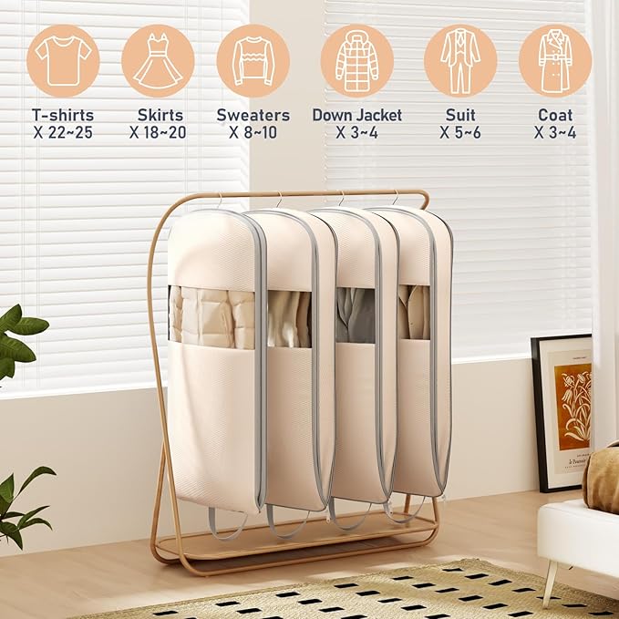 DIMJ 4 Pack 54" Garment Bags for Hanging Clothes - Space Saving Compression Suit Bag Travel with Handles Window, Washable Carry Clothing Storage Cover for Dress, Coats, Down Jacket, Shirts