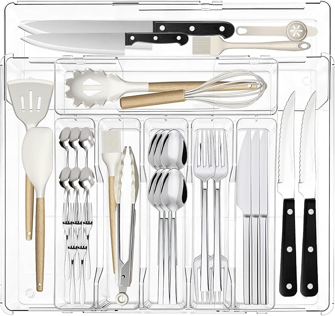 Expandable Silverware Organizers for Kitchen Drawer, Clear Utensil Drawer Organizer Tray, Adjustable Cutlery Flatware Holder for Spoon Fork Knife, Plastic Spatula Tools Gadgets Storage Divider
