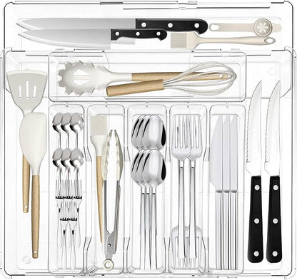 Expandable Silverware Organizers for Kitchen Drawer, Clear Utensil Drawer Organizer Tray, Adjustable Cutlery Flatware Holder for Spoon Fork Knife, Plastic Spatula Tools Gadgets Storage Divider