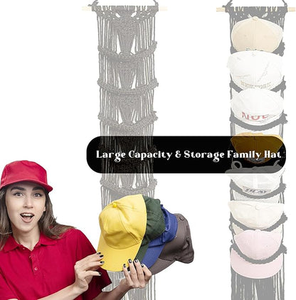 jontell Ball Cap Holder-1 Pack/Up to 14 Caps-Hat Organizer for Baseball Caps Display, Macrame Hat Rack for Wall, Boho Handmade Cap Hanger Over Door (Black)