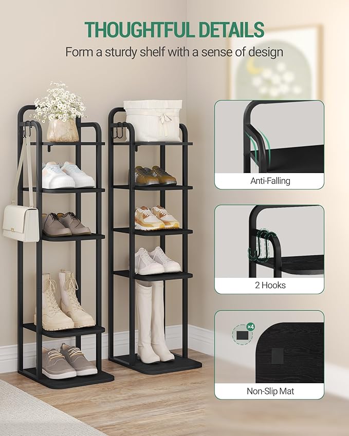 Hzuaneri Vertical Shoe Rack, Shoe Shelves, Wood Shoe Organizer for Closet, Entryway, Shoe Tower for Small Spaces, Free Standing, Adjustable, with 2 Hooks, 6 Tier Black SR04204B