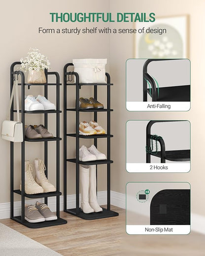 Hzuaneri Vertical Shoe Rack, Shoe Shelves, Wood Shoe Organizer for Closet, Entryway, Shoe Tower for Small Spaces, Free Standing, Adjustable, with 2 Hooks, 6 Tier Black SR04204B
