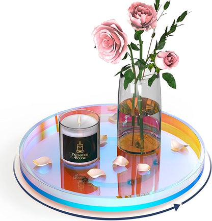 NiHome 9 Inch Turntable Acrylic Vanity Organizer Tray for Condiments Cosmetics, Multipurpose Non-Slip Decorative Tray Organizer for Kitchen Bathroom Living Space, Modern Minimalist Design(Iridescent)